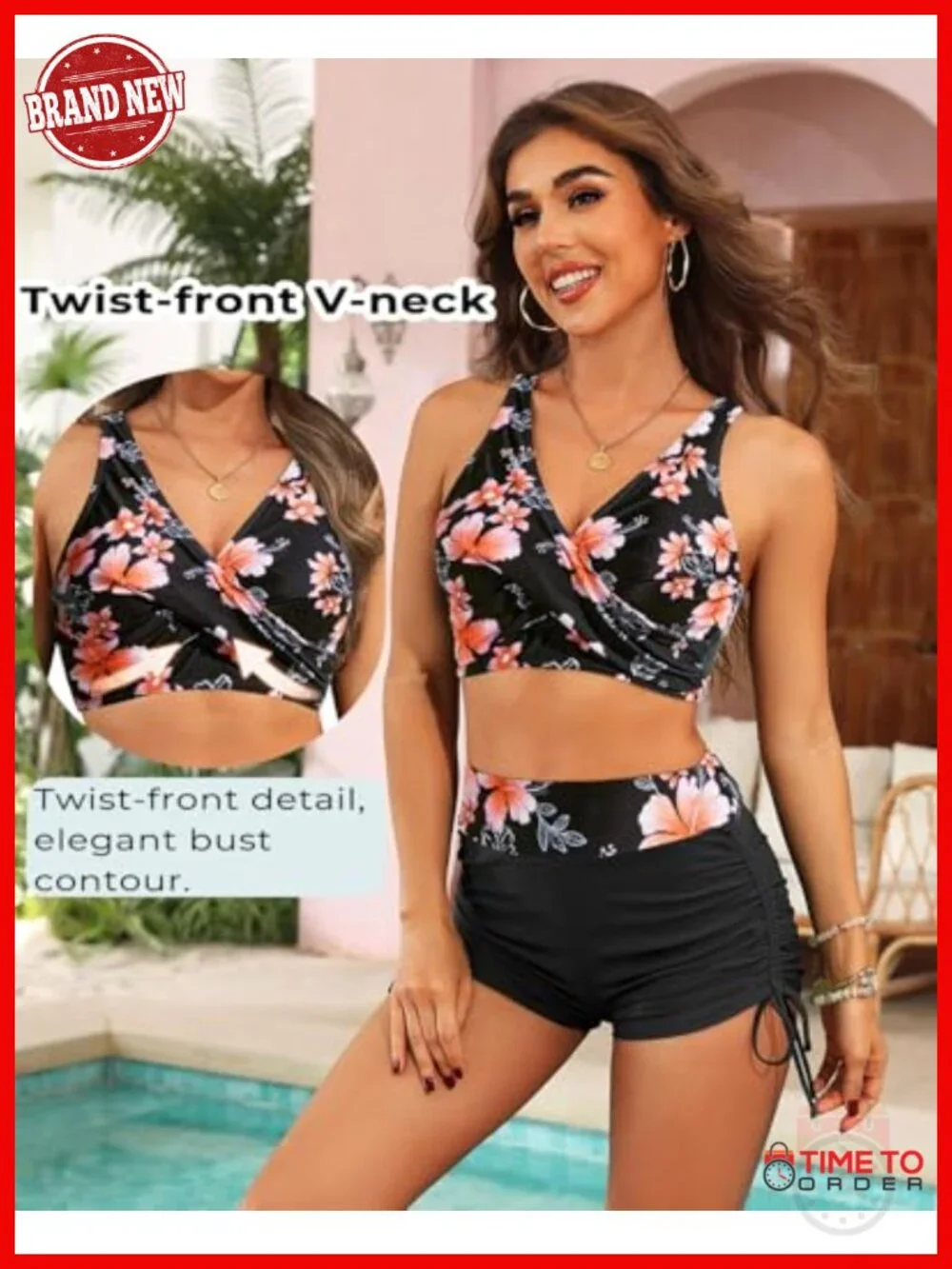 Two Piece High Waisted Bikini Set with Boyshorts Twist Front Lace Up